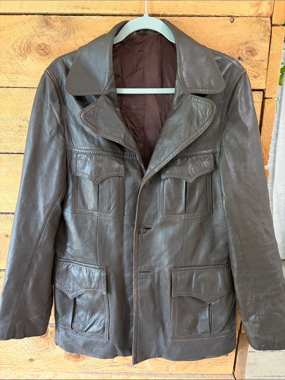Men's Brown Leather Jacket - Classic Four-Pocket Coat VTG